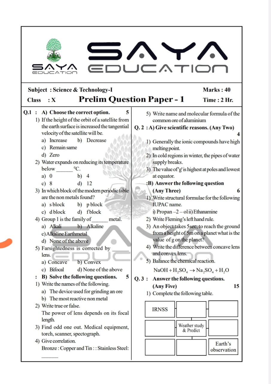 10th Science 20 Pre Annual Question Papers with Answer Key