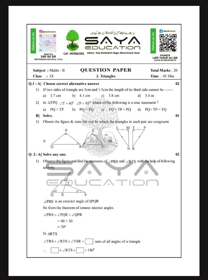 9TH MATHEMATICS CHAPTER WISE BOARD PATTERN QUESTION  PAPER WITH ANSWERS